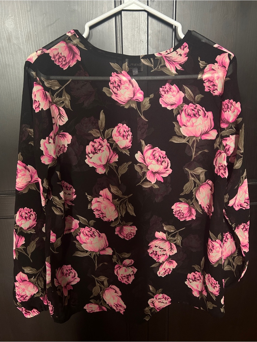 Floral Sheer Button-Front Blouse - Black & Pink